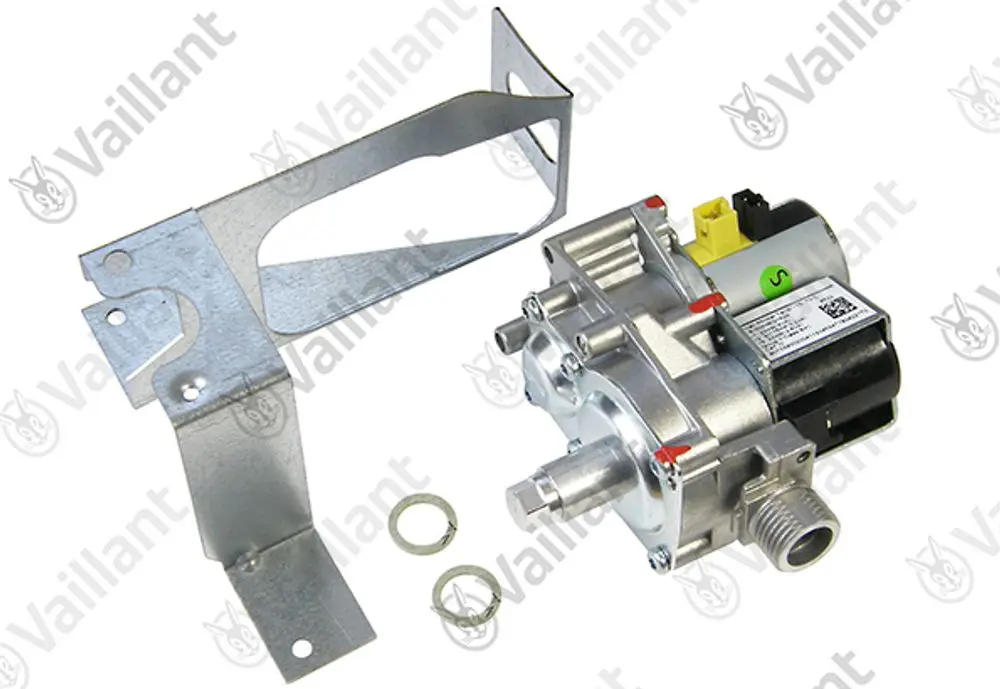 Vaillant Gasarmatur mit Druckregler, bestehend aus einem motorgesteuerten Teil und einer Halterung. Zubehörteile sind ebenfalls abgebildet.